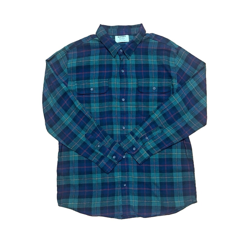 Old Navy Boys XXL 18 Plus Flannel Shirt Plaid Button Up Green Blue Pockets